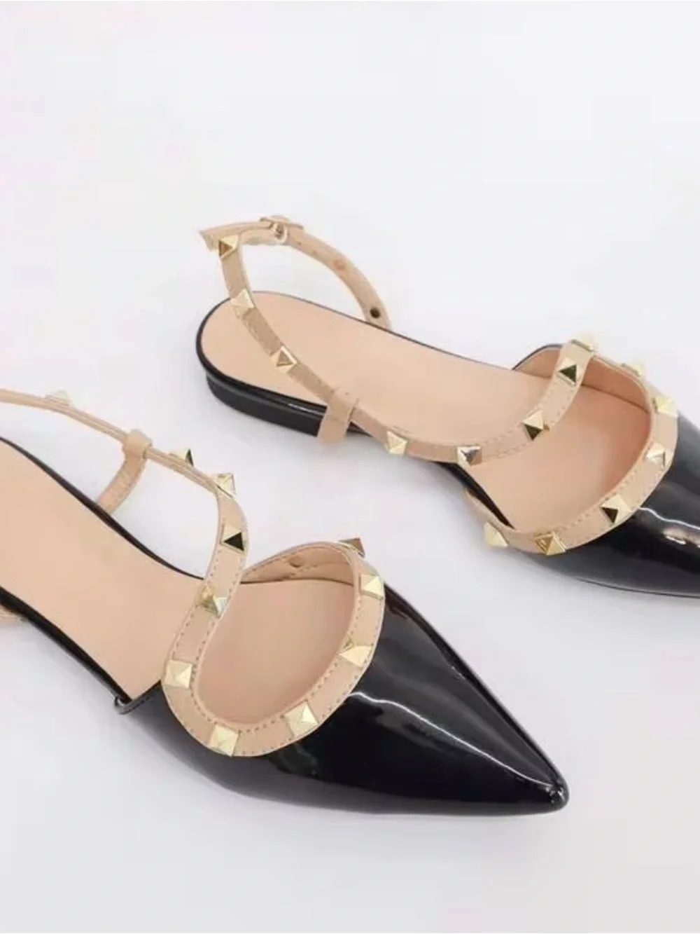 Studded Pointed-Toe Slingback Flats in Black and Nude